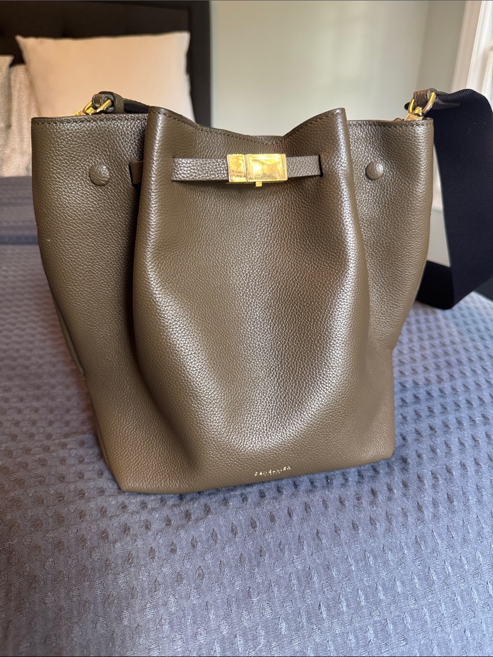 DeMellier Olive Green Pebbled Leather Bucket Bag with Gold Hardware